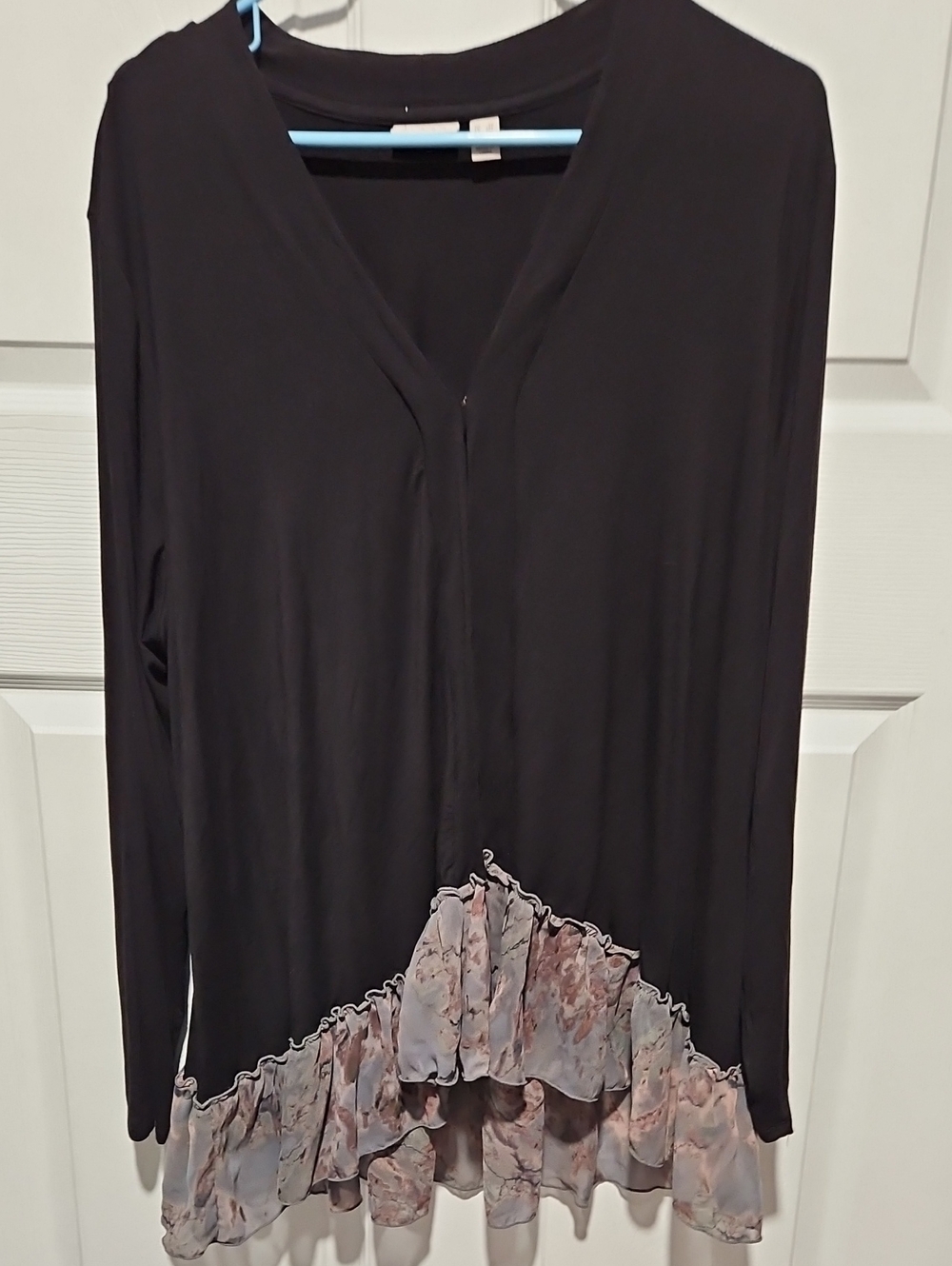 LOGO by Lori Goldstein Black V-Neck Long Sleeve Cardigan with Floral Ruffle Hem